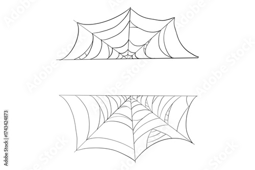 Spiderweb line border, frame. Gothic scary hanging net. Simple spooky halloween decoration. Cobweb spider trap.