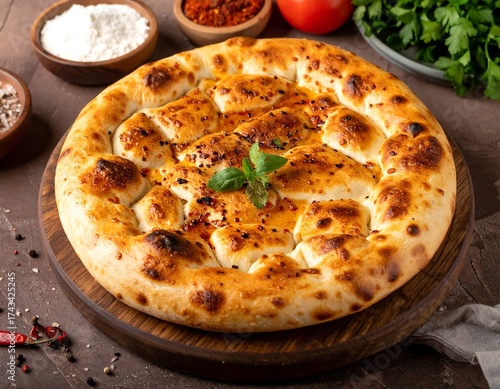 Round, golden-brown bread with spices