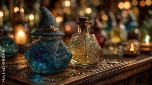 Sparkling potions and mystic elixirs casting enchanting glow for magical realms