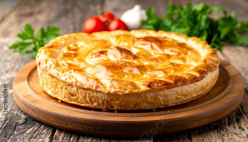 Round, golden-brown pastry on a wooden board
