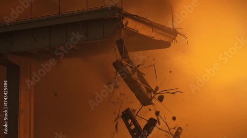Dramatic scene of a collapsed bridge with debris and smoke