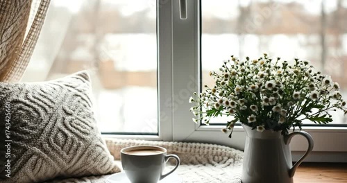 Cozy window seat with coffee and flowers offers peaceful relaxation.