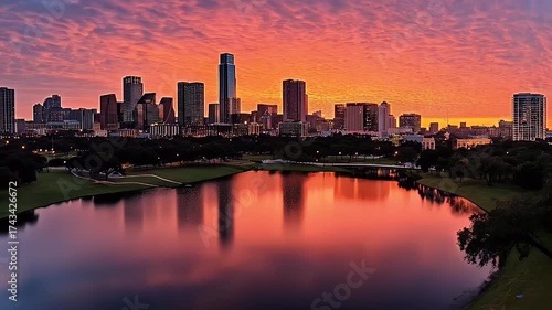 Stunning Urban Sunset Over City Skyline Reflected in Serene Lake with Colorful Clouds