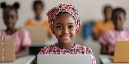 Happy African Girl Smiling at Computer in Classroom Setting