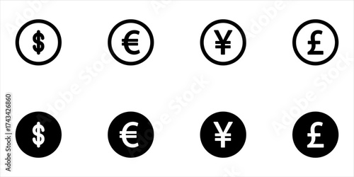 Dollar, euro, pound, and yen icons. Currency symbol. Money signs. Cash symbols. Coin icon. Black color. Vector isolated sign.