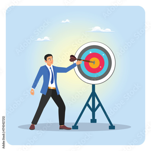 Target concept. Businessman Strikes Target With Arrow, Focus, Precision, and Goal Achievement.