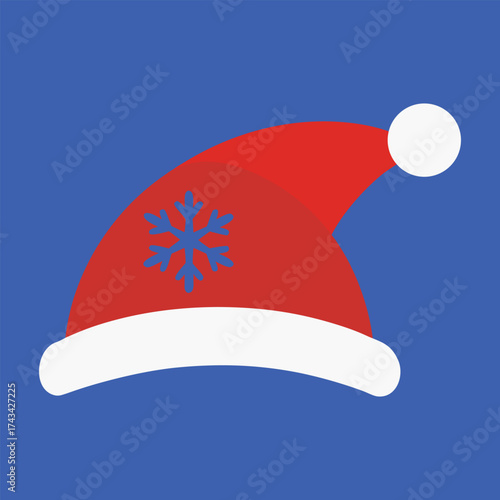 Red Santa hat with blue snowflake on blue background