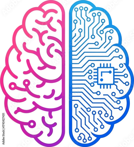 A graphic icon of a brain split into a human half and a technological circuit board half with a central chip.