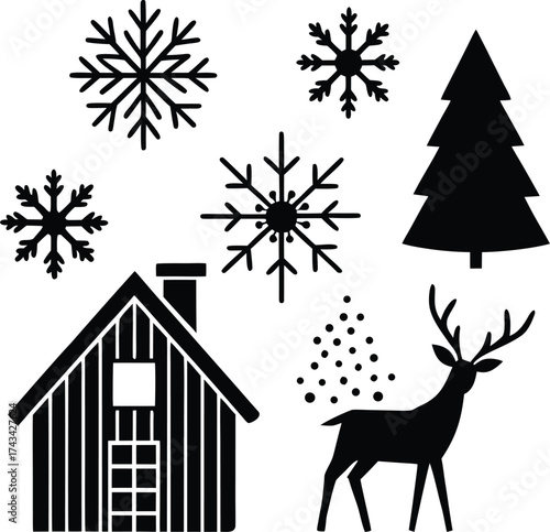 A festive set of vector Christmas icons features a reindeer silhouette design among stylized snow and winter treesA festive set of vector Christmas icons features a reindeer silhouette design among st
