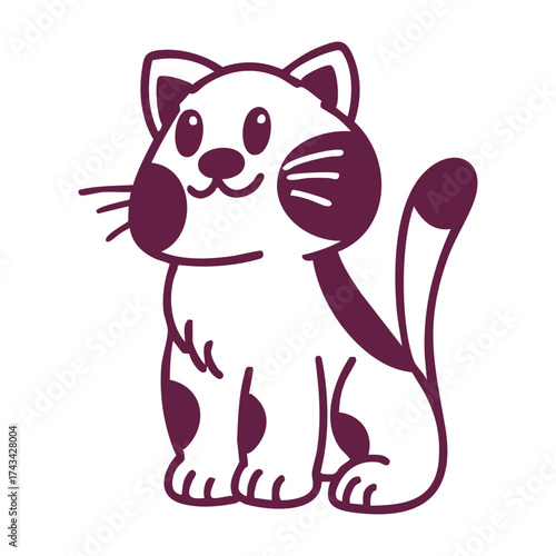 Cute cartoon cat with white fur and purple spots sitting and smiling.