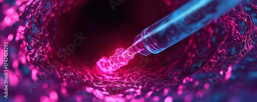 Colorful Syringe Injecting Fluid Inside a Dark Cave