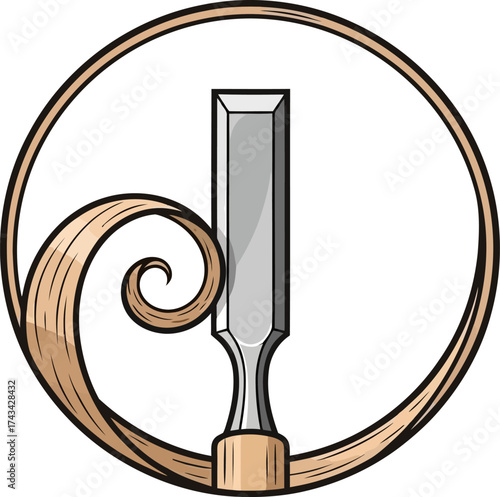 A graphic illustration of a woodworking chisel creating a curling wood shaving within a circular frame.