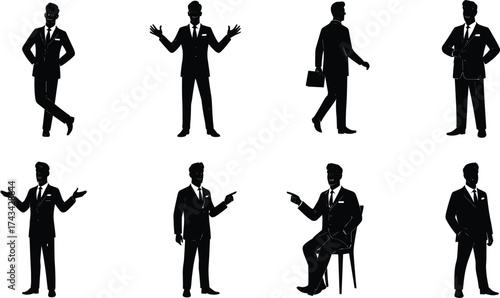 Businessman silhouettes in suit, standing, walking with briefcase, sitting and pointing, crossed arms, corporate posture illustration
