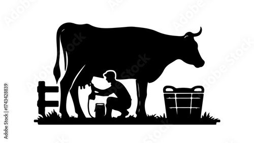 Man Milking Cow – Black & White Solid Vector