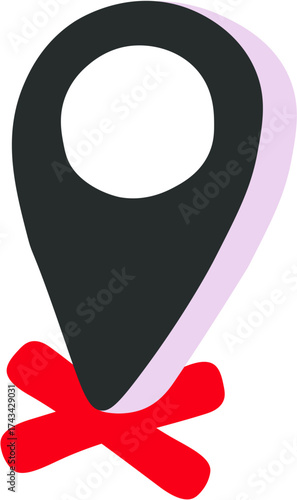 A black location marker with a red cross, indicating an incorrect or invalid location.