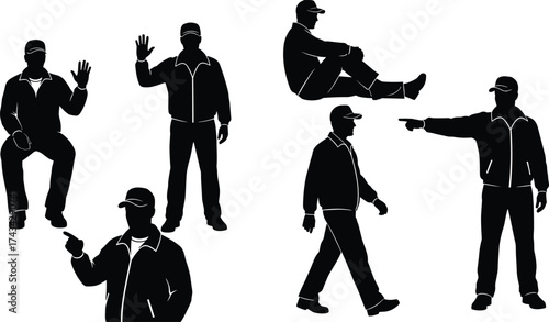 Casual silhouette illustrations with cap, sitting, pointing, walking, relaxed posture, hand gestures, character design and body language set