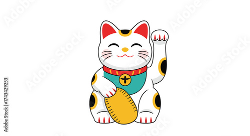 A white lucky cat with a golden coin waves its paw for good fortune