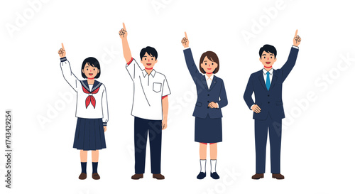 Diverse group of people pointing upwards in a unified gesture of aspiration and direction.