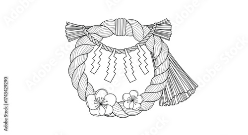 A traditional Japanese shimenawa rope decoration with shide paper streamers and floral accents is depicted in a sketch.
