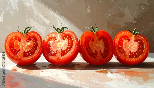 Row of sliced tomatoes in sunlight