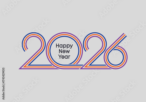 Modern 2026 Happy New Year design with colorful striped line numbers on light background. Trendy and minimal celebration graphic.