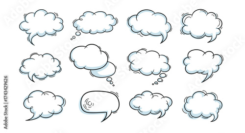 Collection of diverse empty speech bubbles and thought clouds for comic art and communication.