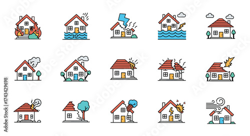 Collection of illustrated houses experiencing various natural disasters and accidents.