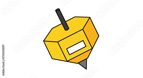 A yellow spinning top toy with a black stick on top and a pointed end.