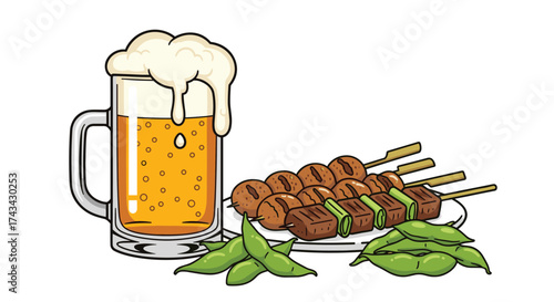A refreshing glass of beer alongside grilled meat skewers and edamame beans.