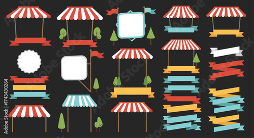Collection of colorful market stalls and banners for festive events.