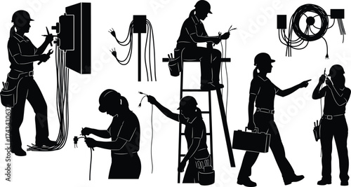 Electrician silhouette illustrations with wire work, ladder, toolbox, electrical panel, inspection, pointing, wall-mounted box and repair poses