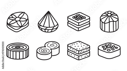 Collection of sweet desserts and candies hand-drawn line art isolated vector