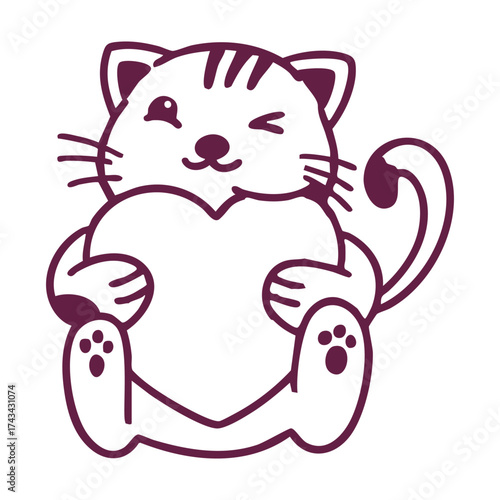 A cute cartoon tabby cat winking while sitting and holding a large heart symbol.