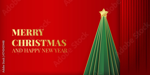 Merry Christmas horizontal banner with curtains, green Christmas tree. Red and gold colors. Vector illustration for presentations and seasonal promotions