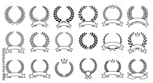 A collection of decorative laurel wreath emblems with banners for awards and recognition.