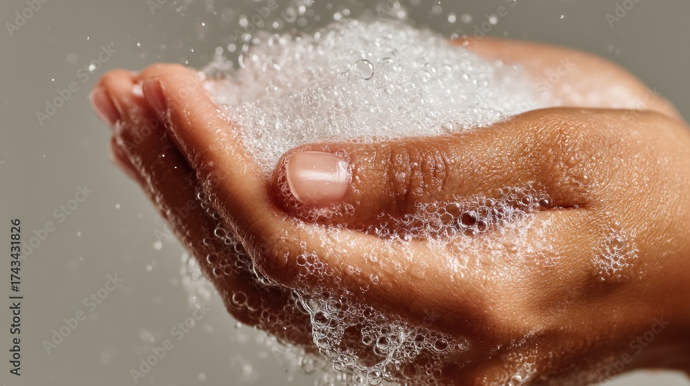 Fototapeta premium A close-up of hands holding a generous amount of fluffy, white soap foam
