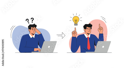 A man struggling with a problem finds a brilliant solution.