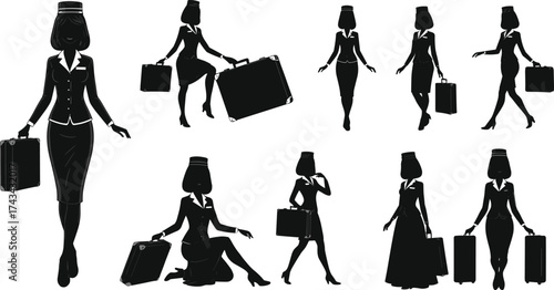 Female staff silhouettes in travel uniform with luggage, walking, sitting, pointing, hospitality and flight attendant posture illustration