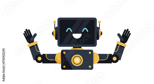 A friendly robot with a happy face and open arms waving hello.