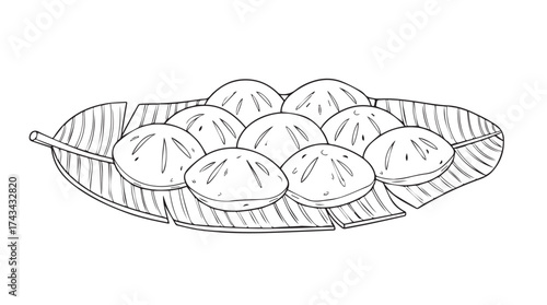 Hand drawn sketch of steamed buns arranged artistically on a banana leaf vector