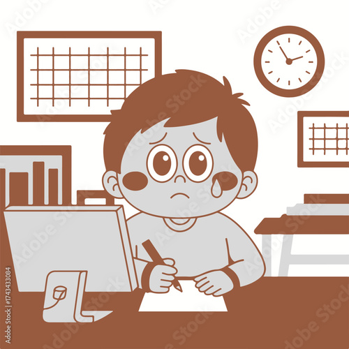 Stressed student overwhelmed with schoolwork and deadlines feeling anxious and defeated