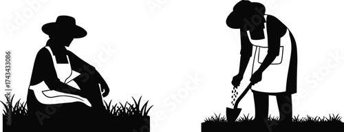 Gardening silhouette illustrations with apron and hat, planting, watering, digging, pointing, harvesting, bucket, rake, shovel poses