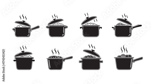 Collection of steaming cooking pots and pans with lids open and closed silhouette set vector