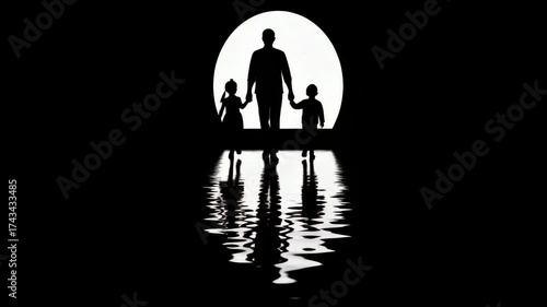 Silhouette of a Father and Two Children Walking on Water Reflecting Moon Light