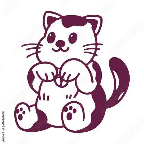 Cute cartoon cat sitting up with paws raised, smiling.