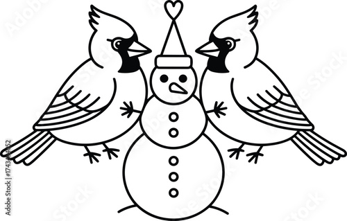 Two cardinals flanking a snowman with a heart on a hat bird winter
