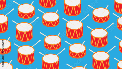 Isometric musical drums lined up in regular columns and ranks. Backdrop for advertising a street concert performance. 3D vector background top view at an angle