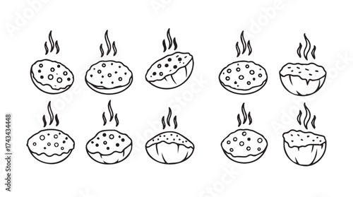 Hand drawn collection of delicious hot baked goods freshly out of the oven with steam rising vector