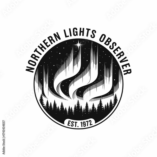 Northern Lights Observer Logo with Aurora Borealis and Forest Landscape.
