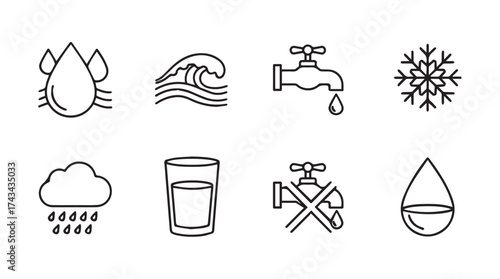 Collection of hand drawn water related icons representing different forms and uses of water resources vector
